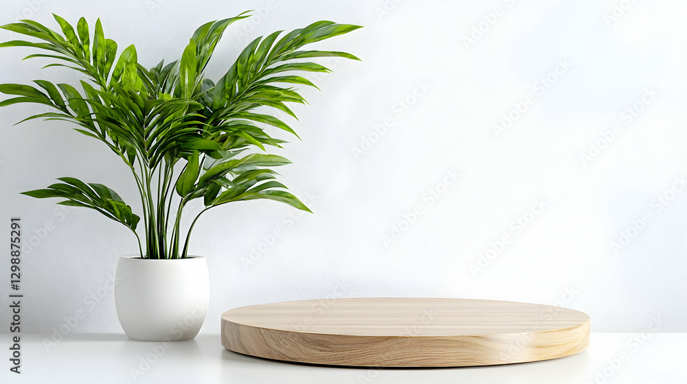 Wooden display platform with plant, white background, product presentation Wooden display platform with plant, white background, product presentation