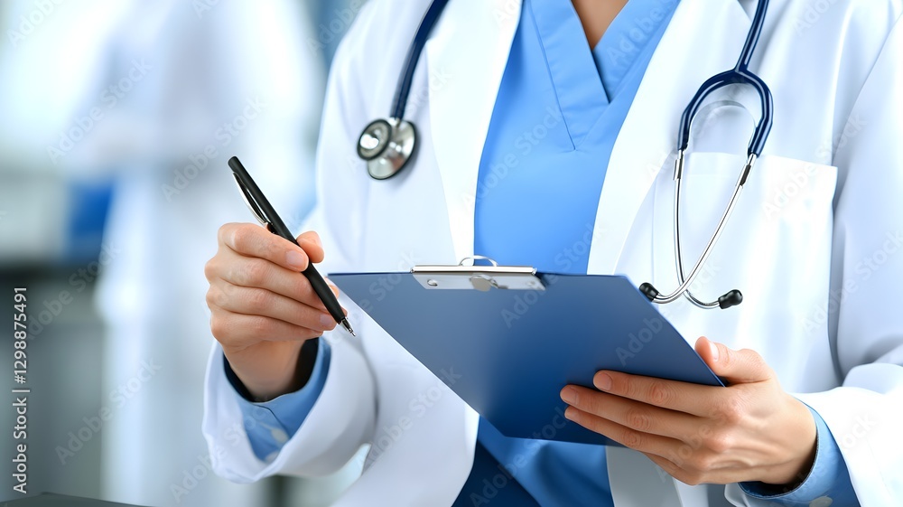 Doctor in scrubs holding a clipboard with medical records in a clinical setting Doctor in scrubs holding a clipboard with medical records in a clinical setting