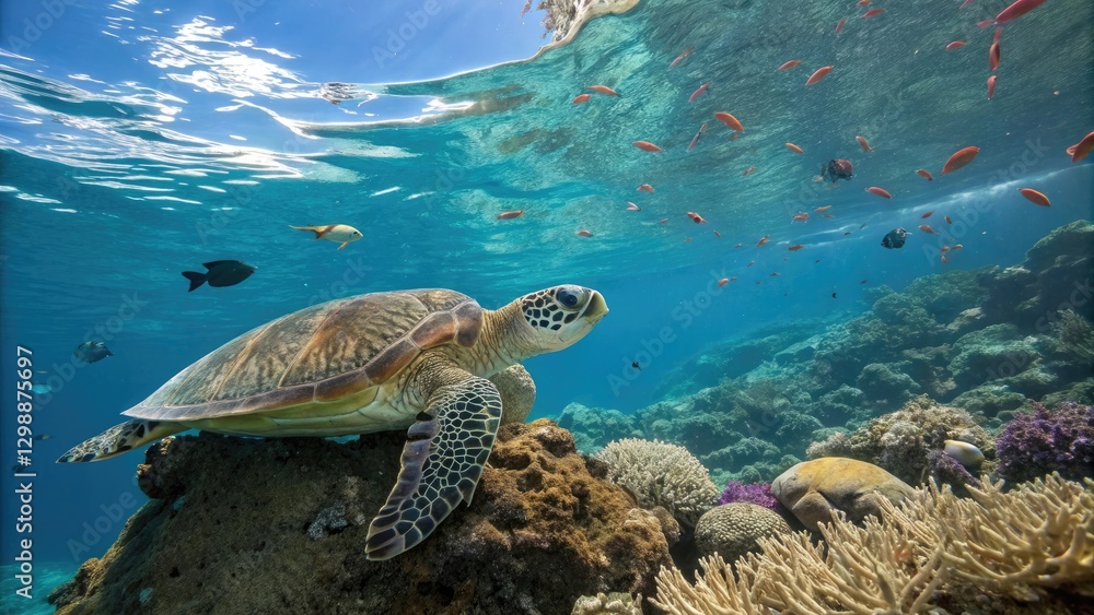 Fototapeta premium Graceful turtle swimming among vibrant corals in crystal-clear waters with words concept