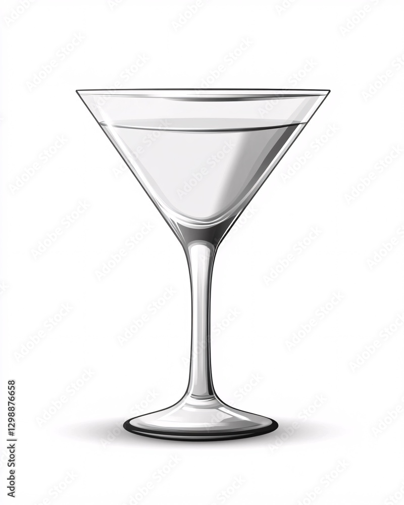 Elegant Martini Glass with a Long Stem and a Minimalist Design, Partially Filled with a Clear Liquid, Isolated on a White Background Elegant Martini Glass with a Long Stem and a Minimalist Design, Partially Filled with a Clear Liquid, Isolated on a White Background