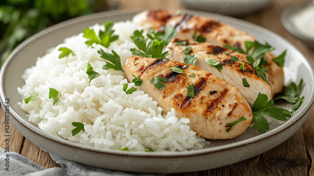 A plate of steaming white rice with a side of grilled chicken breast, garnished with fresh parsley A plate of steaming white rice with a side of grilled chicken breast, garnished with fresh parsley