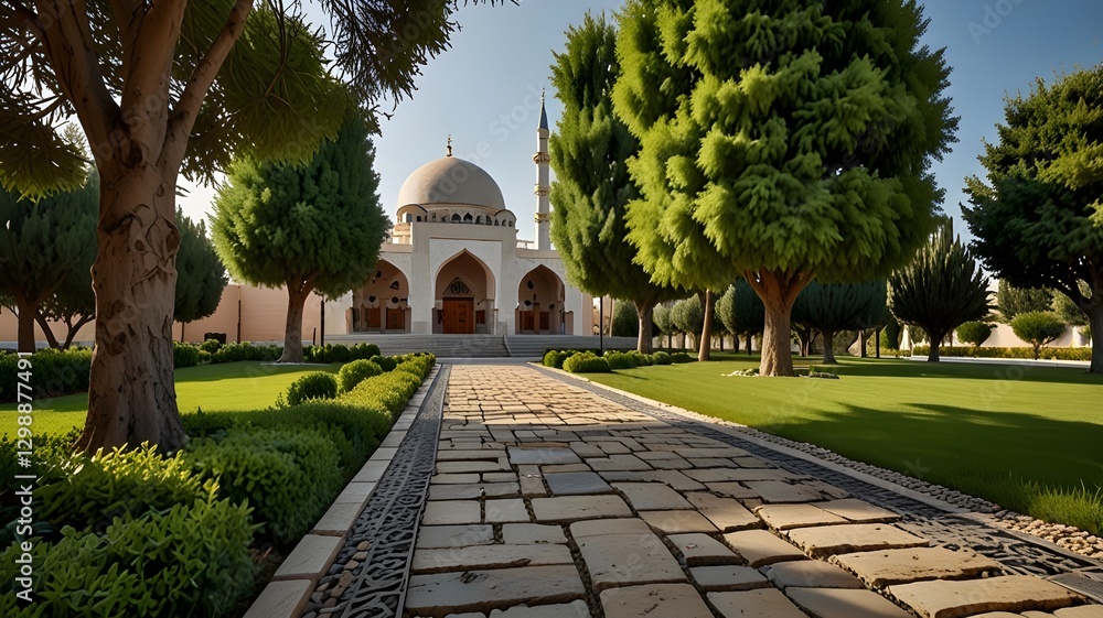 Obraz premium A traditional stone path leading through a peaceful garden to a mosque