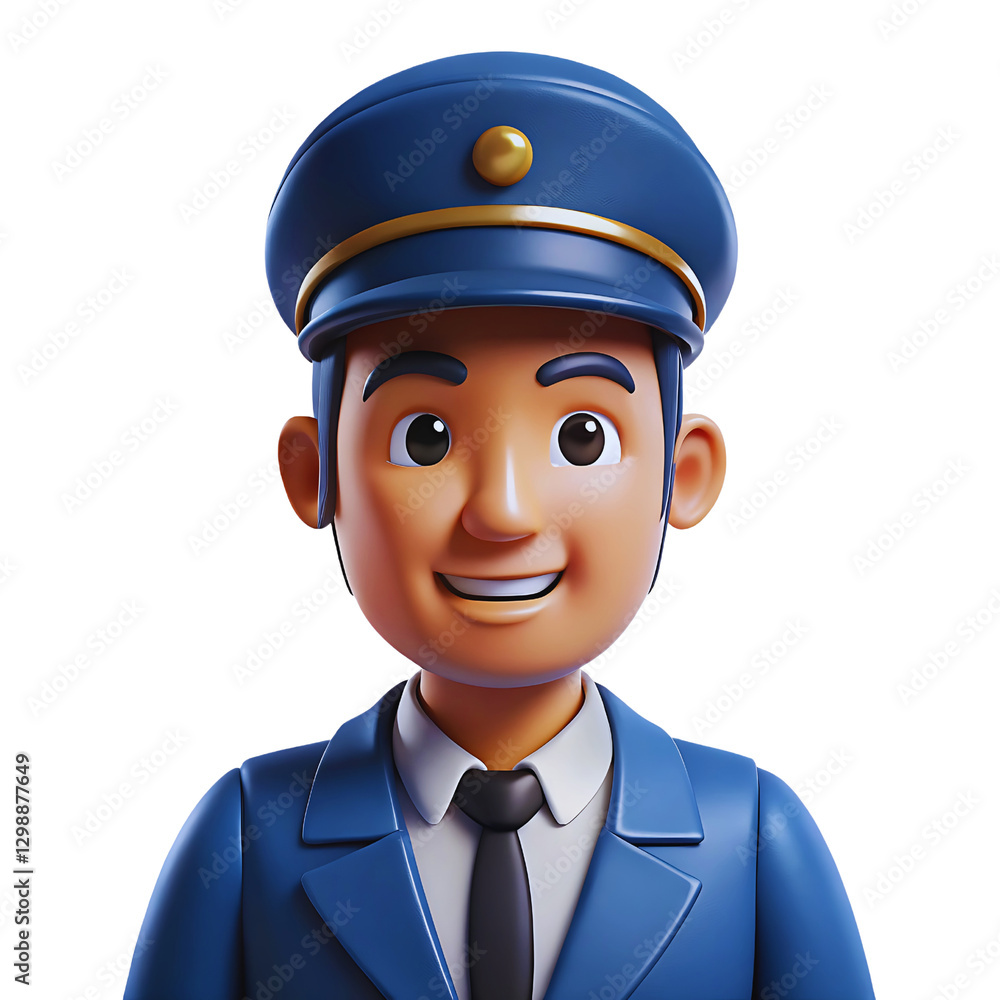 Cheerful 3D Cartoon Train Conductor Smiling, Blue Uniform Design Cheerful 3D Cartoon Train Conductor Smiling, Blue Uniform Design