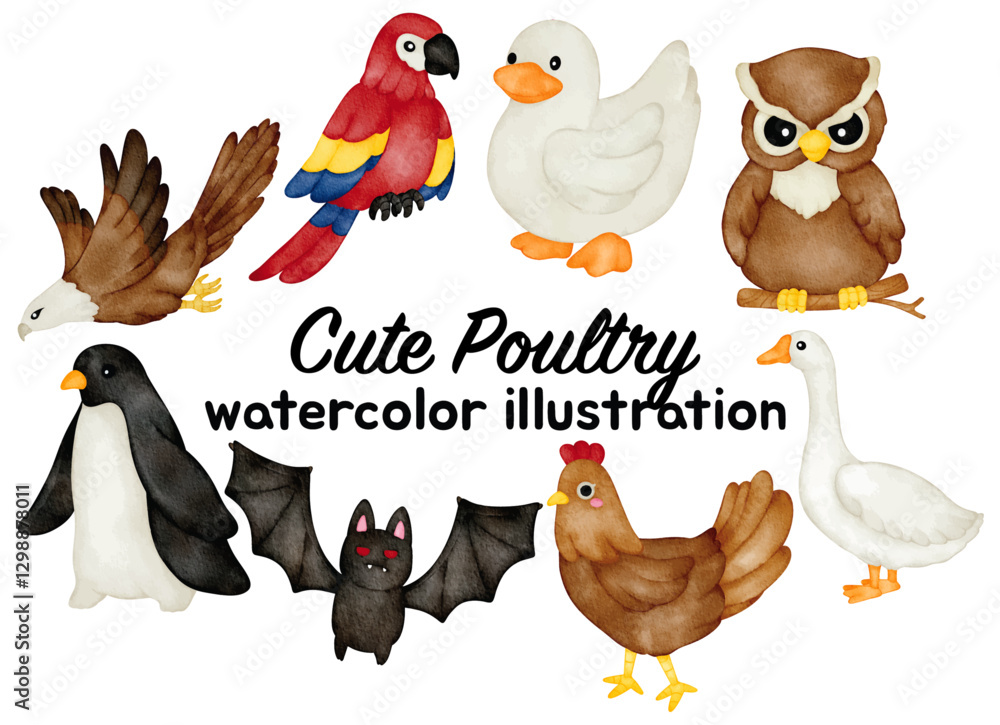 Fototapeta premium Watercolor Poultry and Bird Illustration Set - Hand-Painted, Cute, Realistic - Chicken, Duck, Goose, Owl, Eagle, Parrot, Penguin, Bat - Farm Animals, Wildlife, Vector Illustration