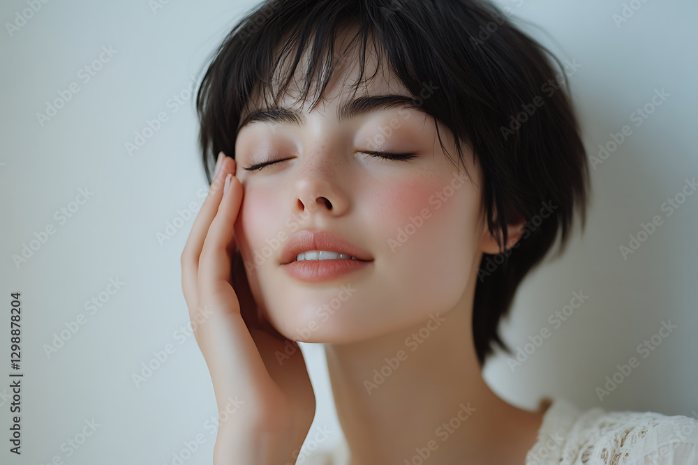 serene Japanese woman with short hair gently touching her face, exuding calmness and beauty. Her eyes are closed, showcasing peaceful expression serene Japanese woman with short hair gently touching her face, exuding calmness and beauty. Her eyes are closed, showcasing peaceful expression