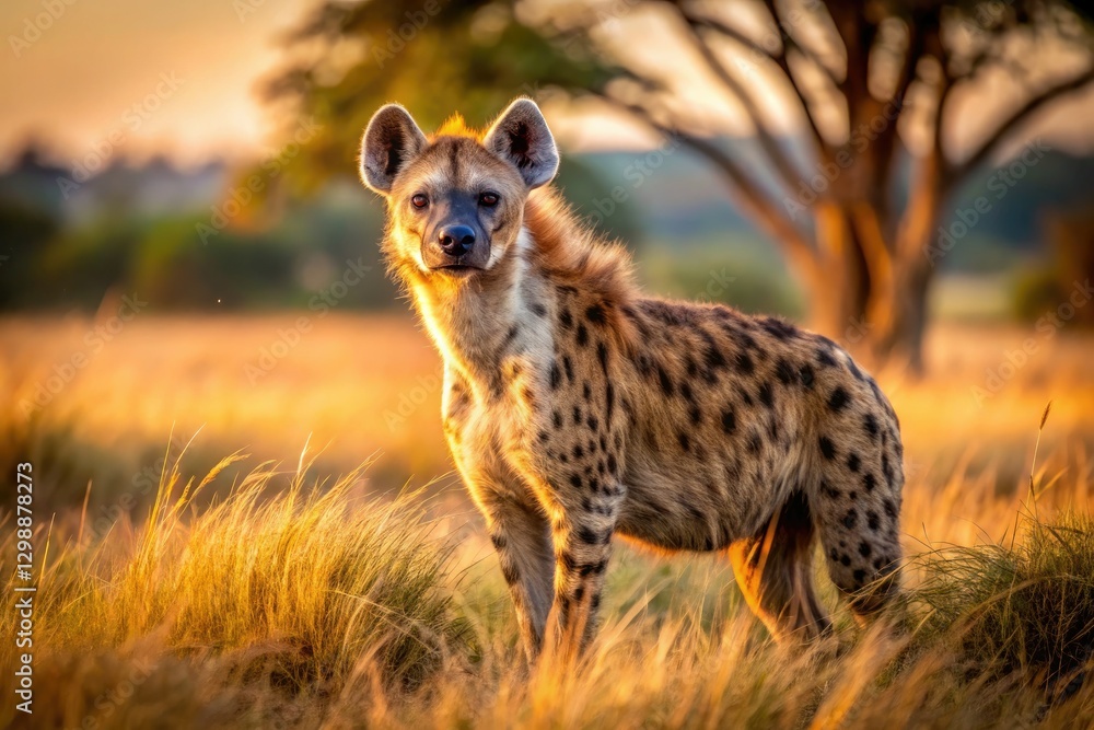 A sharp focus reveals a spotted hyena in the African savanna, its predatory gaze piercing the depth of field.