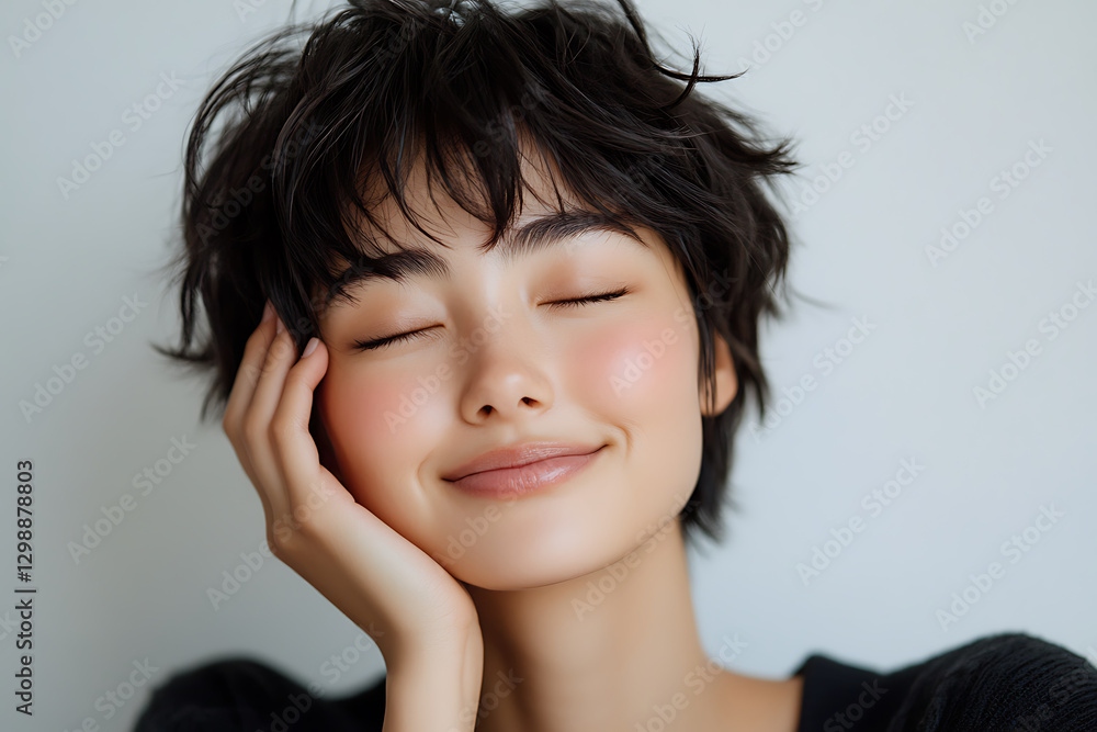 joyful young woman with short hair smiles gently, showcasing her natural beauty and radiance. Her expression conveys happiness and warmth, creating inviting atmosphere joyful young woman with short hair smiles gently, showcasing her natural beauty and radiance. Her expression conveys happiness and warmth, creating inviting atmosphere