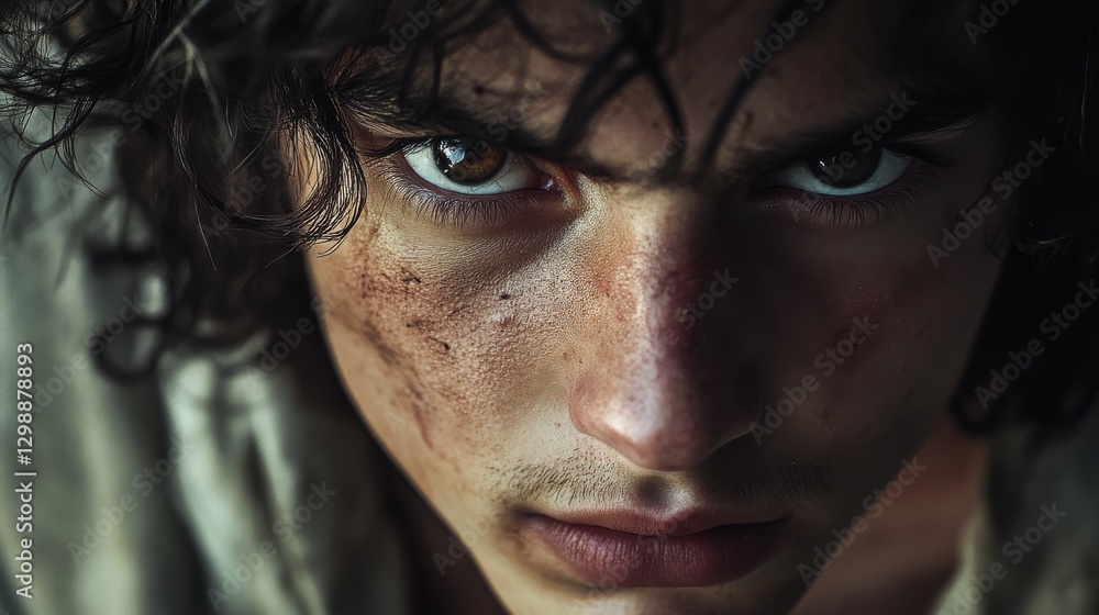 Portrait of David, a young shepherd with expressive eyes. Biblical representation of David who defeated Goliath and became the greatest king of Israel. Portrait of David, a young shepherd with expressive eyes. Biblical representation of David who defeated Goliath and became the greatest king of Israel.