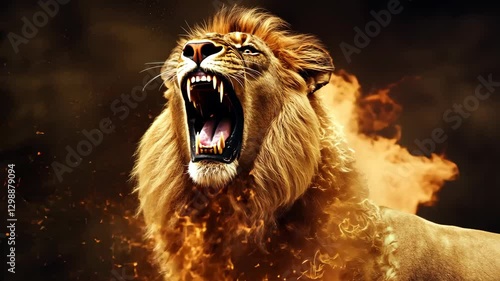 Fierce lion roaring amidst flames showcasing power and majesty in wild landscape