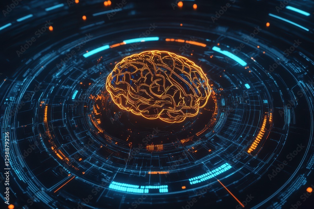Fototapeta premium The image showcases a glowing orange brain surrounded by intricate digital circuits and blue neon lights, symbolizing the fusion of technology and human intelligence.