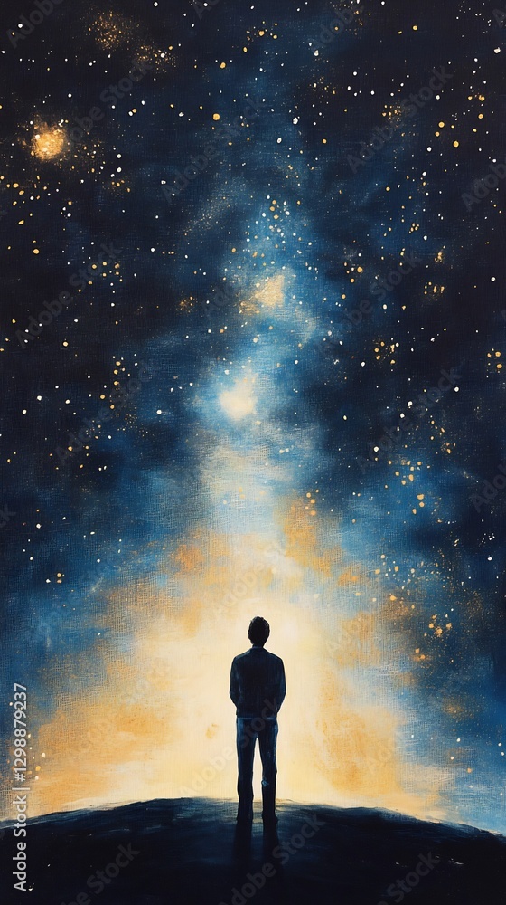 Fototapeta premium Man looking stars blue gold hues