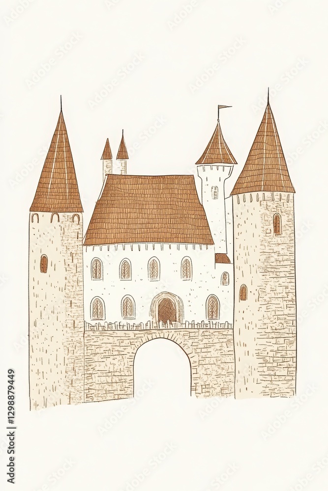 Obraz premium Beige And Brown Stone Castle Illustration With Arch Gatehouse Entryway And Towers Exterior View Design Drawing Illustration Art Historic Building Image Graphic Artwork Medieval Castle Illustration