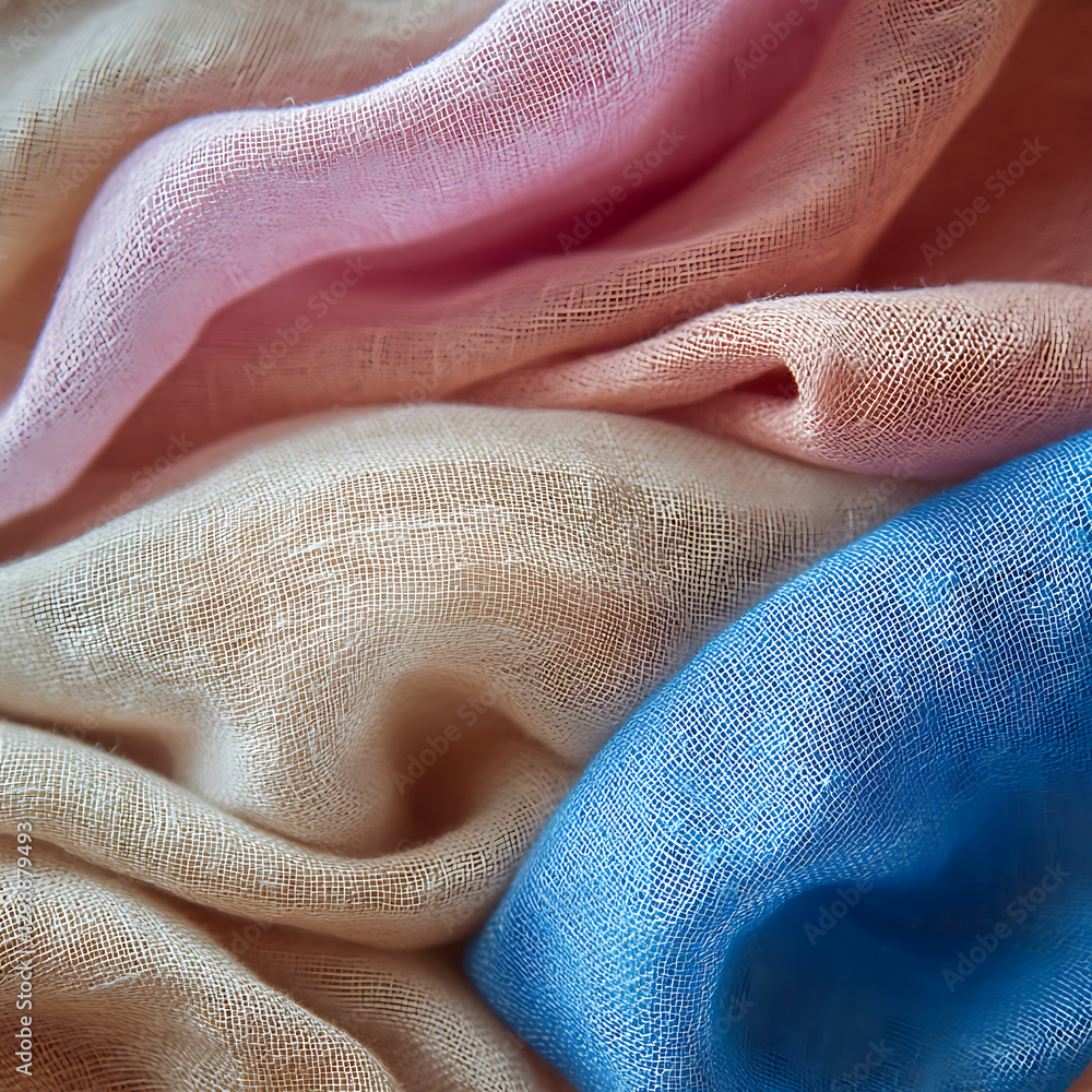 Soft, textured fabric in pastel colors of pink, beige, and blue, creating gentle and calming visual. delicate draping adds elegant touch to any design Soft, textured fabric in pastel colors of pink, beige, and blue, creating gentle and calming visual. delicate draping adds elegant touch to any design
