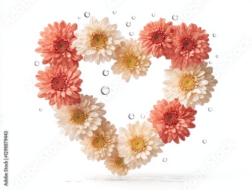 Floral Heart Arrangement of Peach and Cream Chrysanthemums on White Background with Water Droplets photo