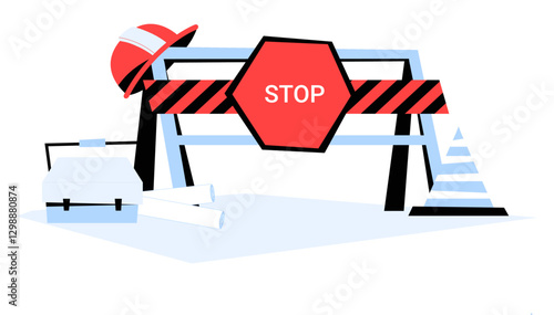 Roadwork Safety Barrier With Construction Helmet In Flat Vector Illustration Symbolizing Work Zone, Site Safety, Roadblock, And Construction Equipment, Isolated On White Background