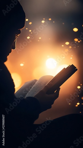 Person reading book lamplight warm