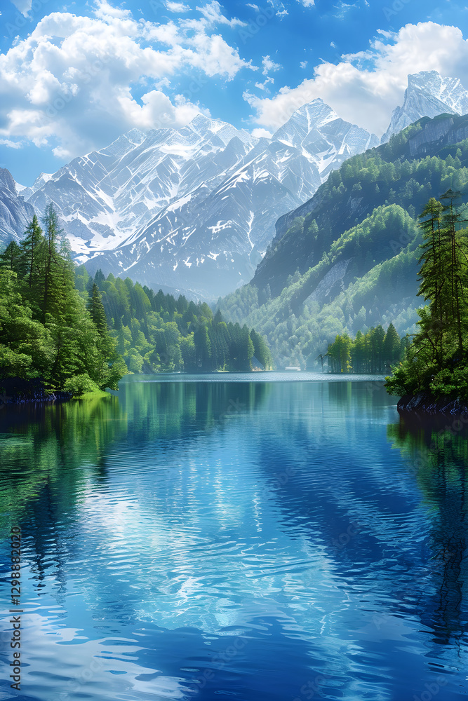 Naklejka premium Tranquil Mountain Lake Reflects Stunning Snow-Capped Peaks and Lush Green Forests