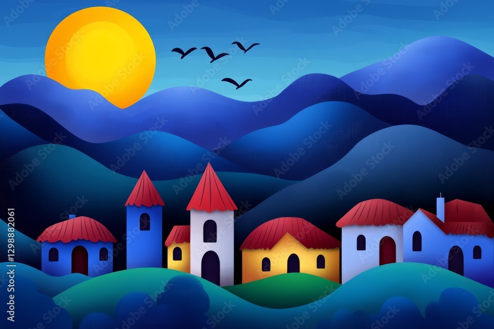 Naklejka premium A simple 2D illustration of a village in the mountains with birds flying above