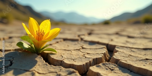 A resilient yellow flower pushes through cracked, arid earth, showcasing nature's tenacity and the beauty of life amidst challenging conditions.