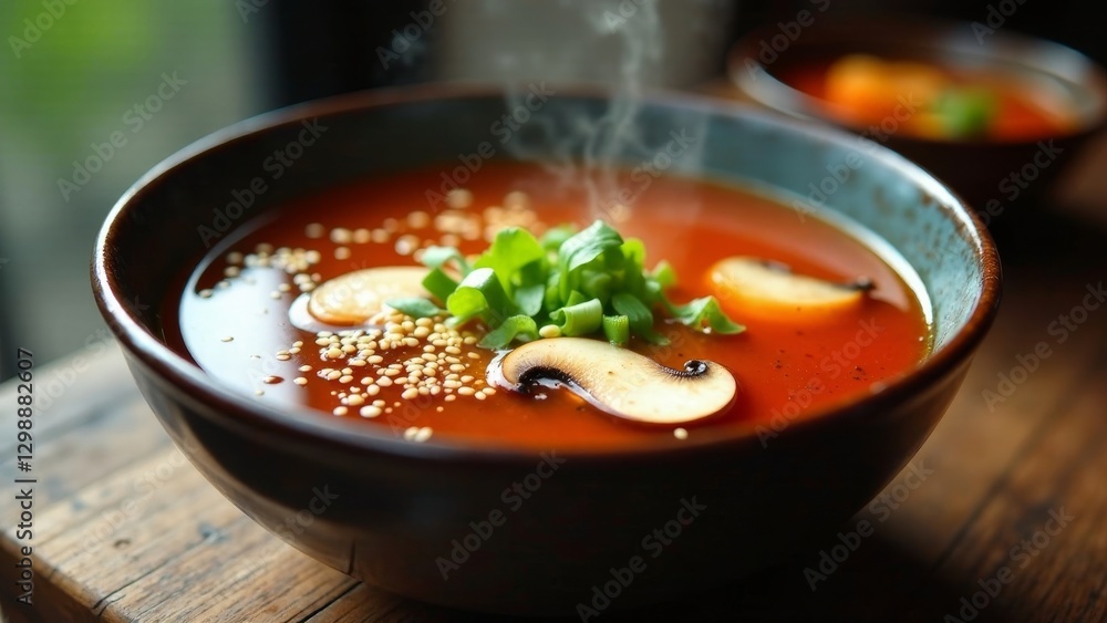 Aromatic Mushroom and Tomato Soup, Steaming Hot in a Rustic Bowl, Garnished with Fresh Herbs and Sesame Seeds Aromatic Mushroom and Tomato Soup, Steaming Hot in a Rustic Bowl, Garnished with Fresh Herbs and Sesame Seeds