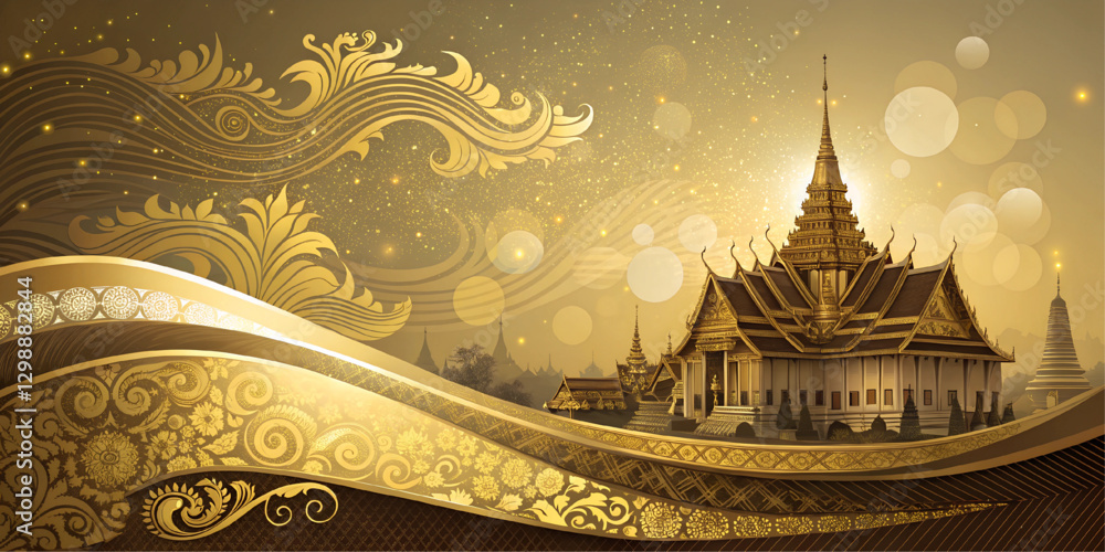 Golden buddha in temple Abstract golden background, modern exquisite Thai applied pattern, with luxurious golden wavy lines, is an oriental tribal culture.