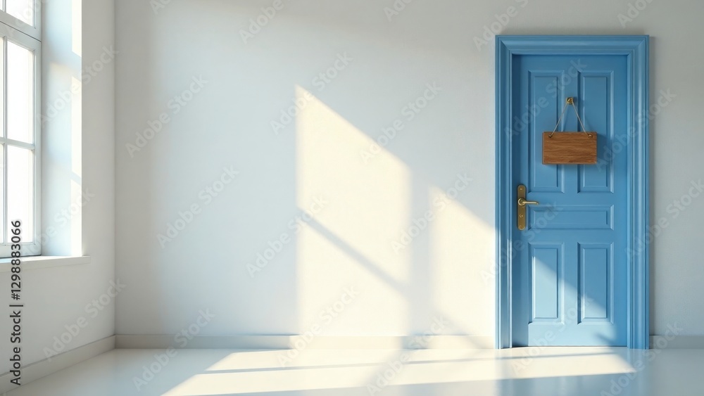 Sunlight streams through a window illuminating a simple room with a light blue door and a blank wooden sign Sunlight streams through a window illuminating a simple room with a light blue door and a blank wooden sign