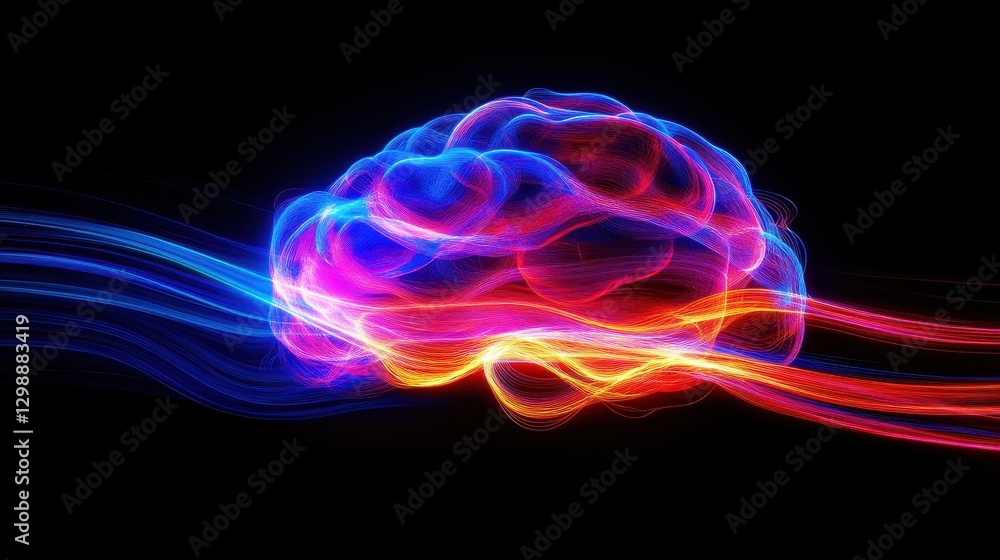 Fototapeta premium A radiant neon brain with streaming light trails, symbolizing the fast-paced nature of intelligence and mental agility.