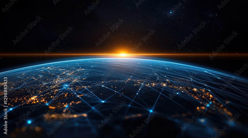 A stunning view of Earth from space, showcasing a glowing sunrise over a network of lights representing cities and connections around the globe. A stunning view of Earth from space, showcasing a glowing sunrise over a network of lights representing cities and connections around the globe.