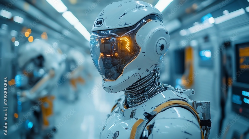 In a high-tech factory, a humanoid robot stands ready for tasks, showcasing advanced engineering and automation technologies. The bright, sleek environment enhances efficiency. In a high-tech factory, a humanoid robot stands ready for tasks, showcasing advanced engineering and automation technologies. The bright, sleek environment enhances efficiency.