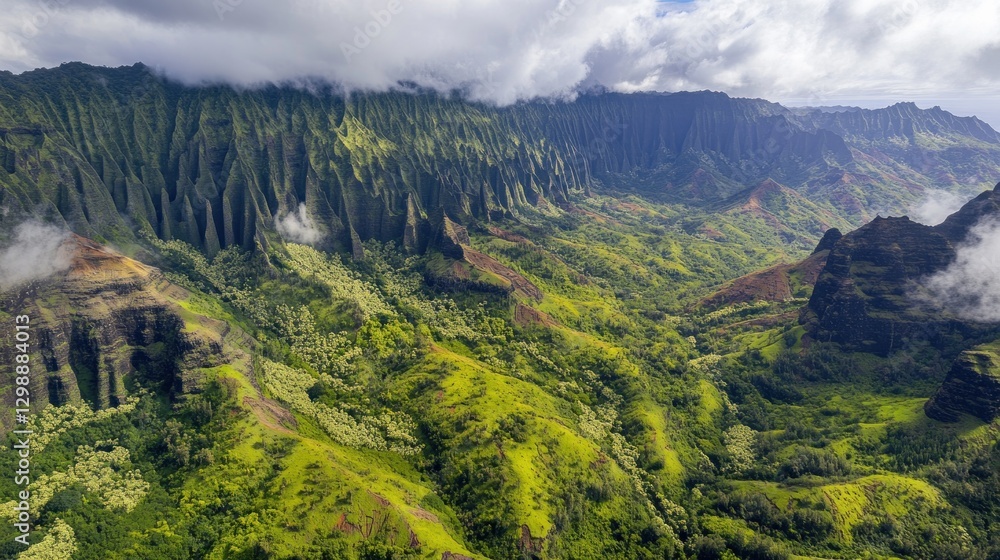 Fototapeta premium Aerial View of Lush Green Valley and Mountain Ridge in Hawaii