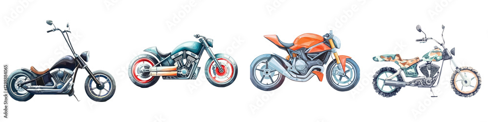 motorcycle and clipart concept. Four stylish motorcycles displayed against a white background. on Transparent background. motorcycle and clipart concept. Four stylish motorcycles displayed against a white background. on Transparent background.