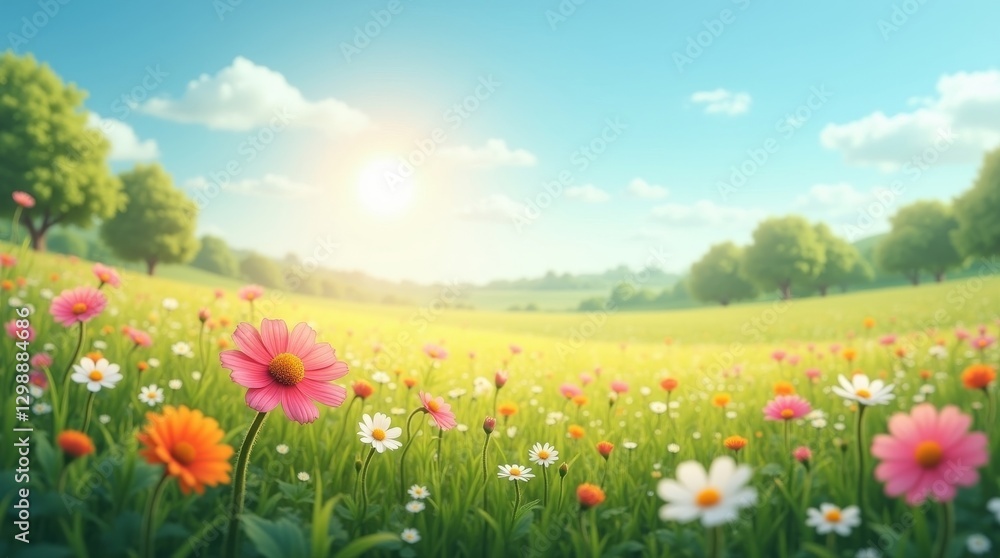 A vibrant field of colorful flowers under a bright sunny sky, surrounded by trees. Perfect for nature, spring, and outdoor themes. A vibrant field of colorful flowers under a bright sunny sky, surrounded by trees. Perfect for nature, spring, and outdoor themes.