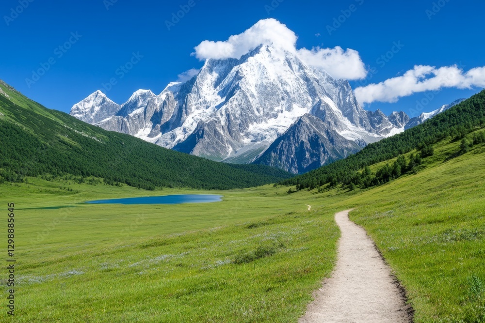A remote valley with a hidden turquoise lake surrounded by towering peaks A remote valley with a hidden turquoise lake surrounded by towering peaks