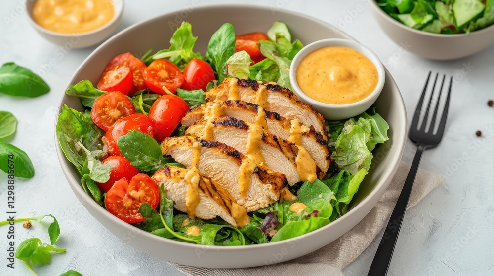 A fresh salad featuring grilled chicken, cherry tomatoes, greens, and a creamy dressing in a bowl, accompanied by a small dish of sauce. A fresh salad featuring grilled chicken, cherry tomatoes, greens, and a creamy dressing in a bowl, accompanied by a small dish of sauce.