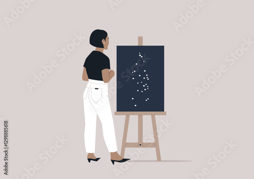 An artist immerses themselves in a vibrant creative space, deeply engaged in painting on the easel, creating ideas and drawing inspiration for their future work