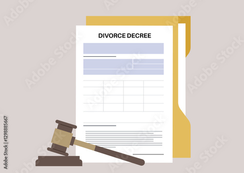 On a neutral background, a divorce decree lays on a flat surface beside a gavel, symbolizing the legal resolution of marriage, The document outlines the terms of separation