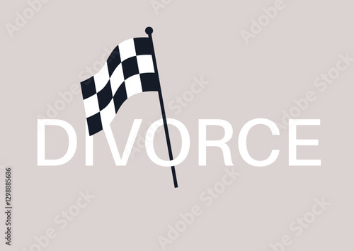 A striking divorce finish flag waves boldly, symbolizing the end of a marital journey and the promise of freedom ahead, set against a minimalist background that emphasizes transformation