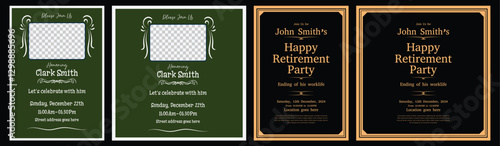 Set of retirement party invitation, square banner, instagram story and a4 poster, vector illustration Retirement Party Invitation Layout with Gold Accents Happy retirement Retirement party greeting