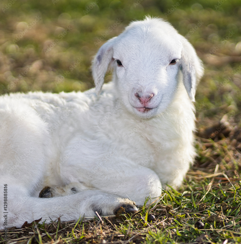 Young white sheep lamb smiling at the camera