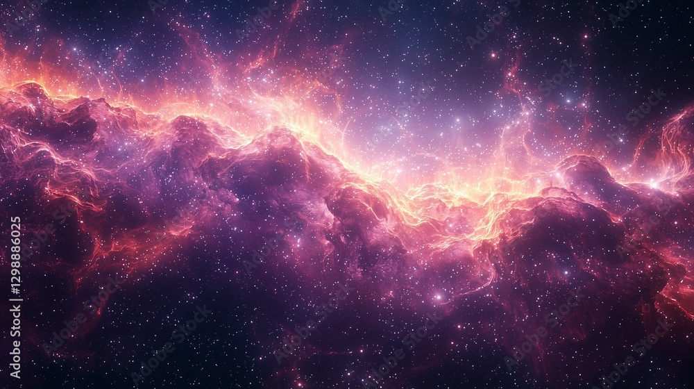 Naklejka premium Celestial Firestorm: Radiant Nebula Waves in Deep Space