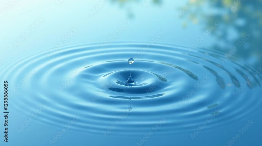 A Single Drop of Water Creates Concentric Ripples on a Calm Surface of Clear Blue Liquid A Single Drop of Water Creates Concentric Ripples on a Calm Surface of Clear Blue Liquid
