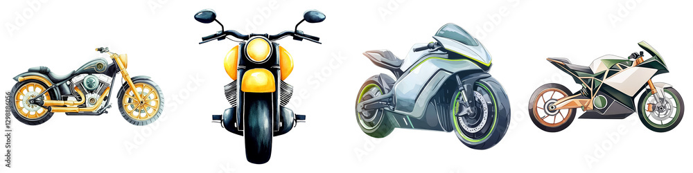 motorcycle and clipart concept. Four distinct motorcycles showcased against a white background. on Transparent background. motorcycle and clipart concept. Four distinct motorcycles showcased against a white background. on Transparent background.