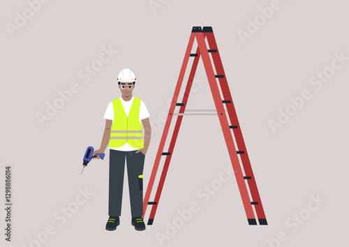 With a warm smile, a skilled engineer wearing a safety helmet and vest is poised for action next to a bright red seven-step ladder, ready to tackle the day's challenges at a construction site