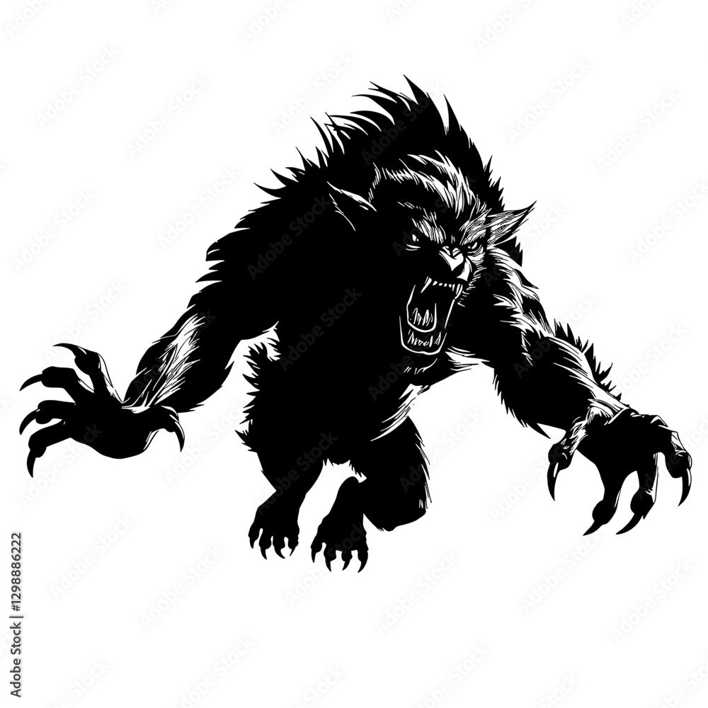 Obraz premium Ferocious Werewolf – Illustration for Fantasy Art, Game Design, Book Covers, and Dark-Themed Merchandise. Fierce Spirit and Mystical Aura of the Werewolf, Making It Ideal for Horror, Mythology