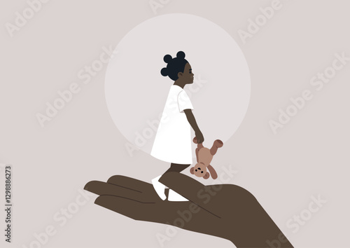 A delicate depiction of a miniature inner child standing on an outstretched hand, clutching a teddy bear, symbolizing the journey of self-discovery, evoking feelings of nostalgia and warmth