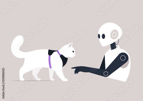 In a soft pastel setting, a robot extends a finger toward a white cat wearing a harness, showcasing a blend of technology and affection during their playful encounter