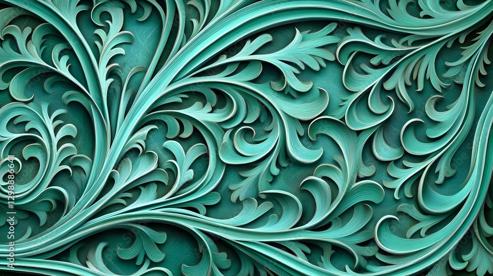 Intricate Teal Floral Carving Design, Ornate 3D Swirls and Leaves Background Texture Intricate Teal Floral Carving Design, Ornate 3D Swirls and Leaves Background Texture