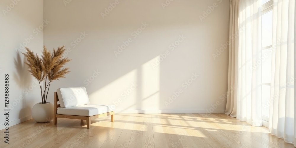 Fototapeta premium Serene Minimalist Living Room Interior Design with Sunlight Streaming Through Sheer Curtains and a Comfortable Chair