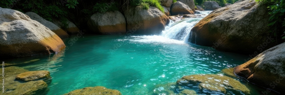 Naklejka premium Agua cristalina que cae sobre las rocas de un estanque, rocas, verde