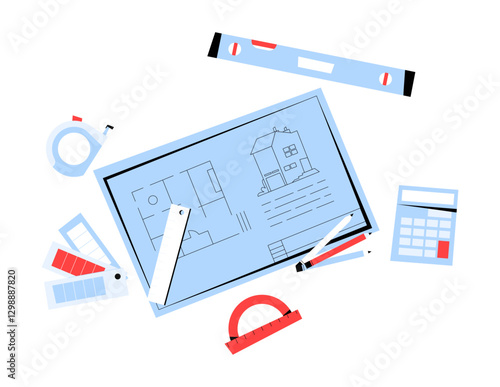Architectural Blueprint With Measurement Tools in Flat Vector Illustration Symbolizing Construction Design, Technical Drafting, and Engineering Planning, Isolated on White Background